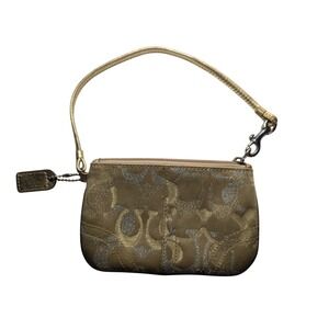 Coach Metallic‎ Gold Signature Jacquard Canvas Mini Wristlet Bag Purse